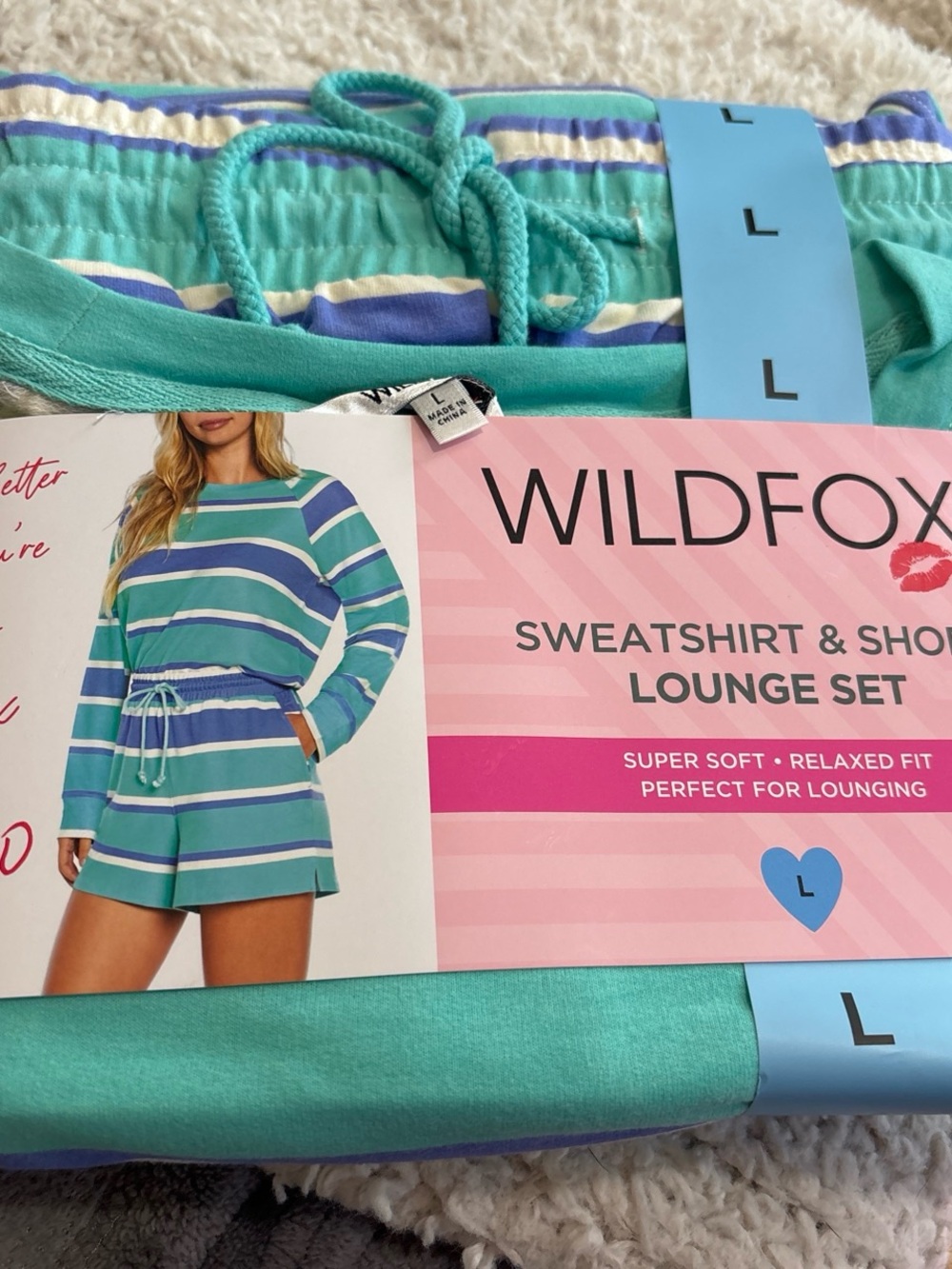 Wildfox Teal & Blue Striped Sweatshirt and Short Lounge Set